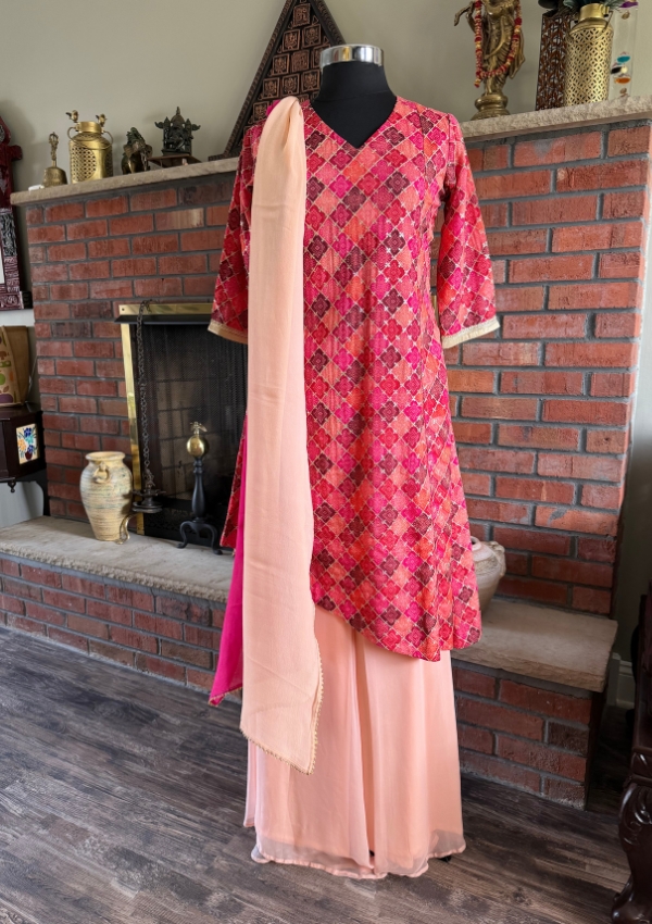 Pink Geometric Print Kurta Palazzo Set